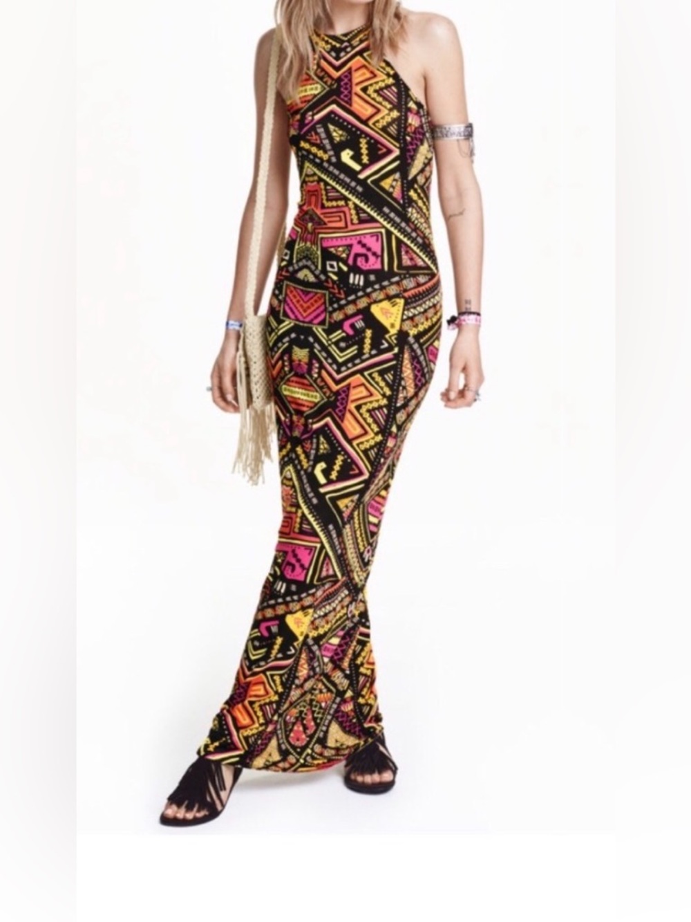 H&M Coachella Tribal Abstract Maxi Dress SZ 2 XS NEW